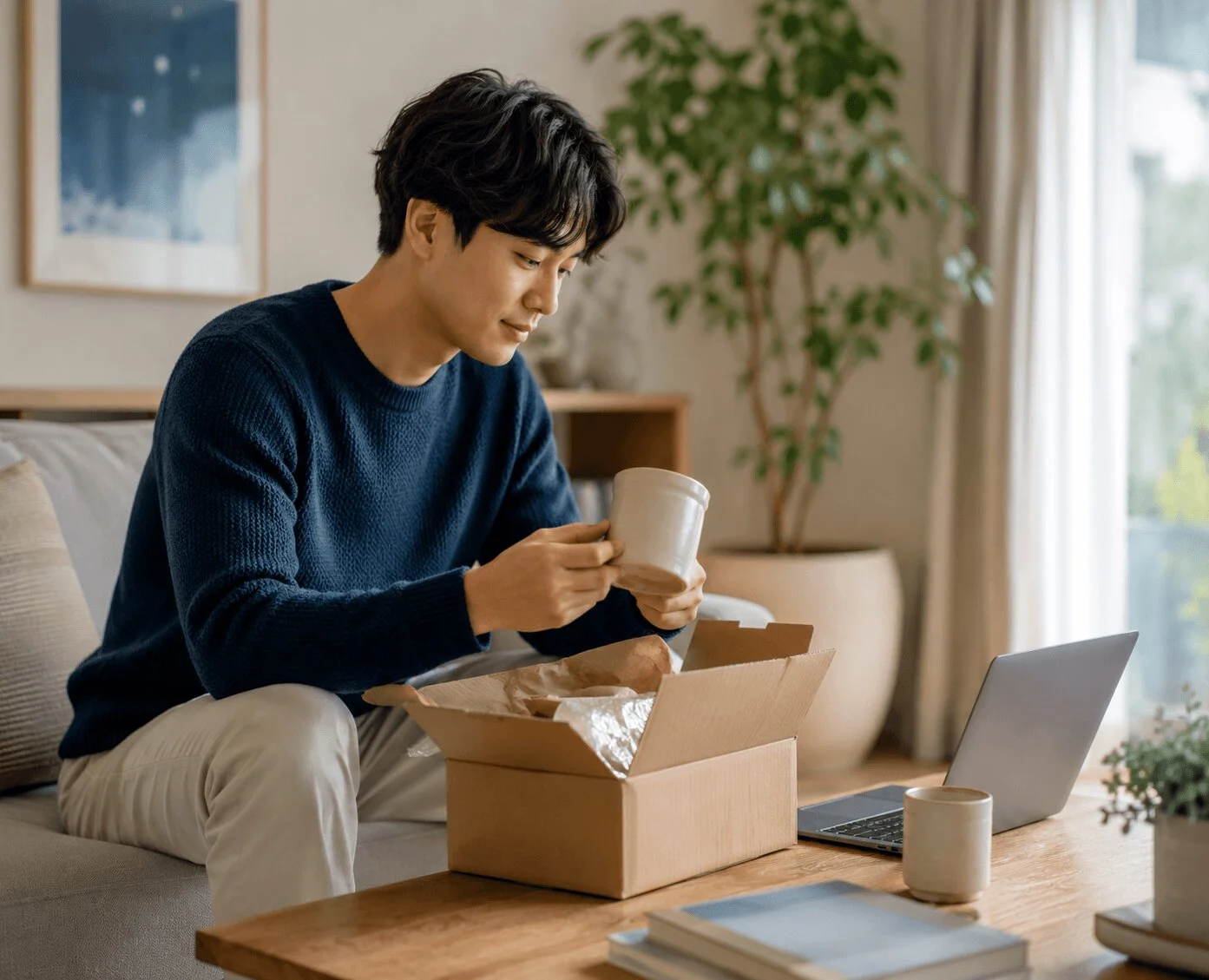 Customer unboxing an online order at home