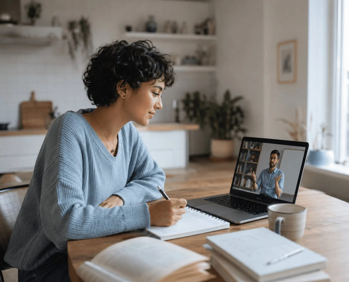 Student attending an online lesson on a laptop