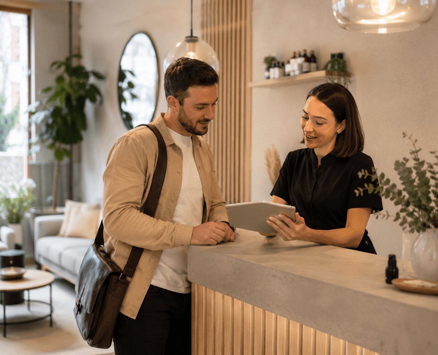 Client checking in at a local service reception desk