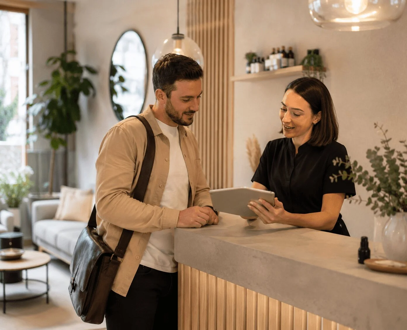 Client checking in at a local service reception desk