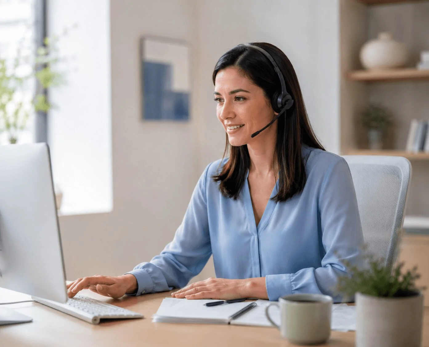 Support specialist with a headset working at a computer