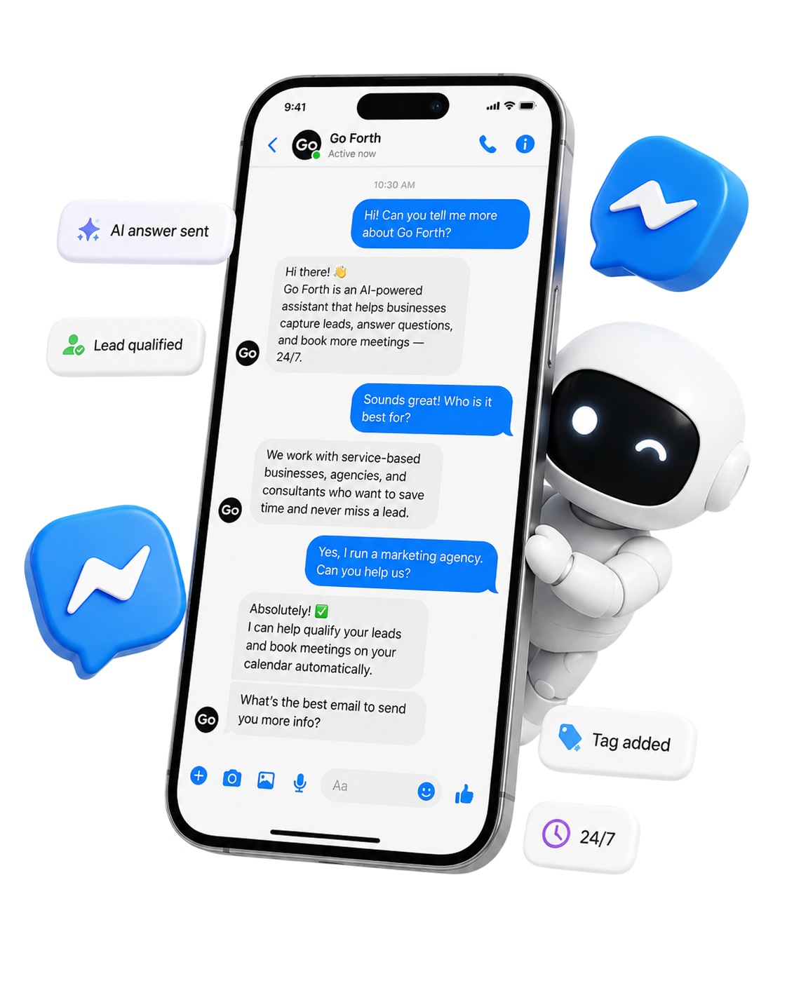 BotHelp Facebook Messenger automation — visual builder, an AI agent and a Messenger conversation with live status updates