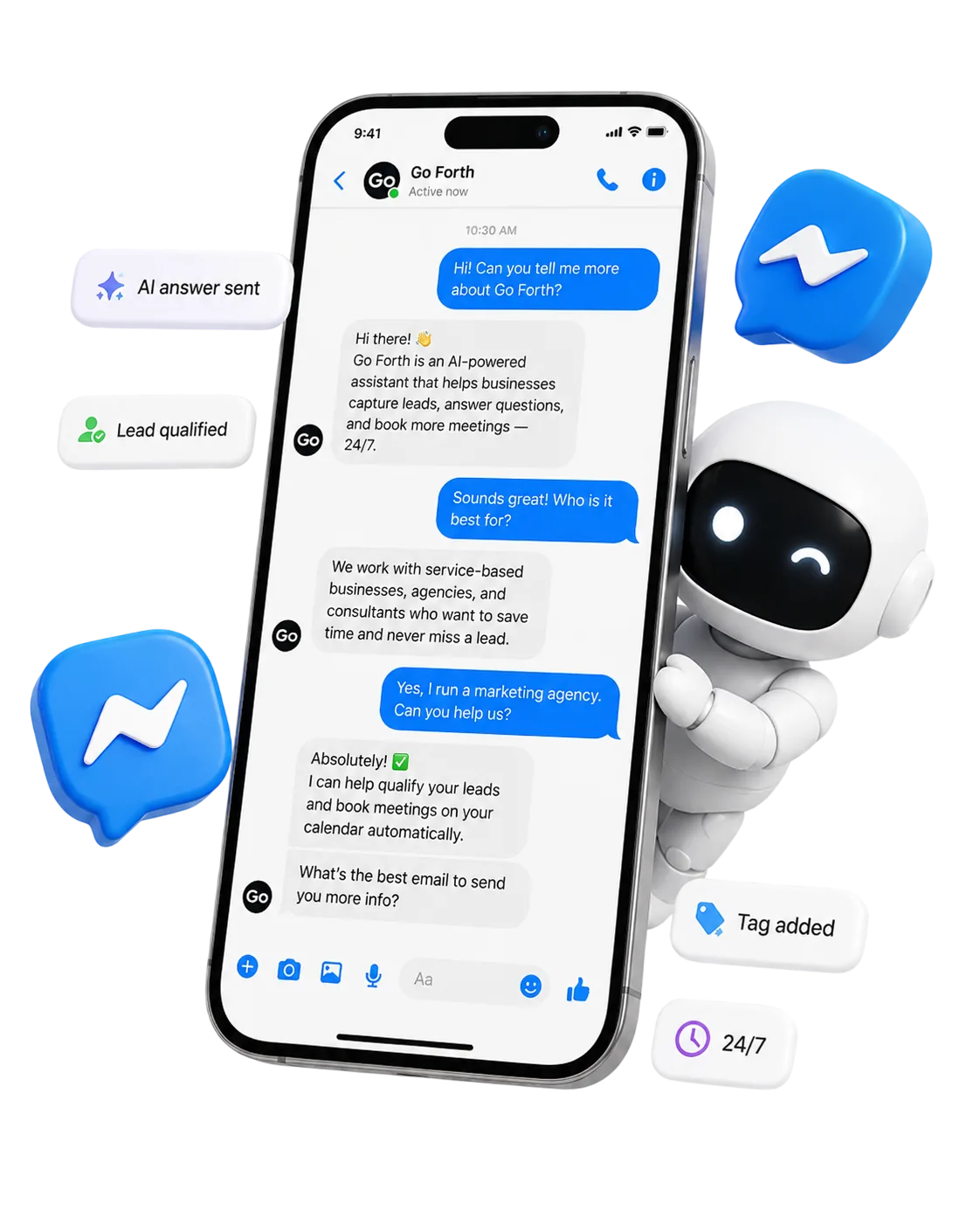 BotHelp Facebook Messenger automation — visual builder, an AI agent and a Messenger conversation with live status updates